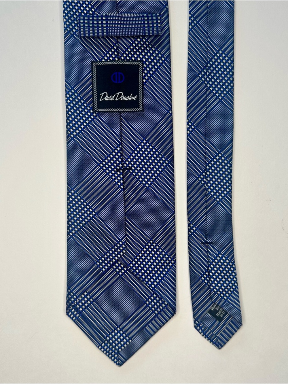 Untipped DAVID DONAHUE Navy and Royal Blue Plaid Silk Classic Tie, 3.25” - Picture 3 of 6